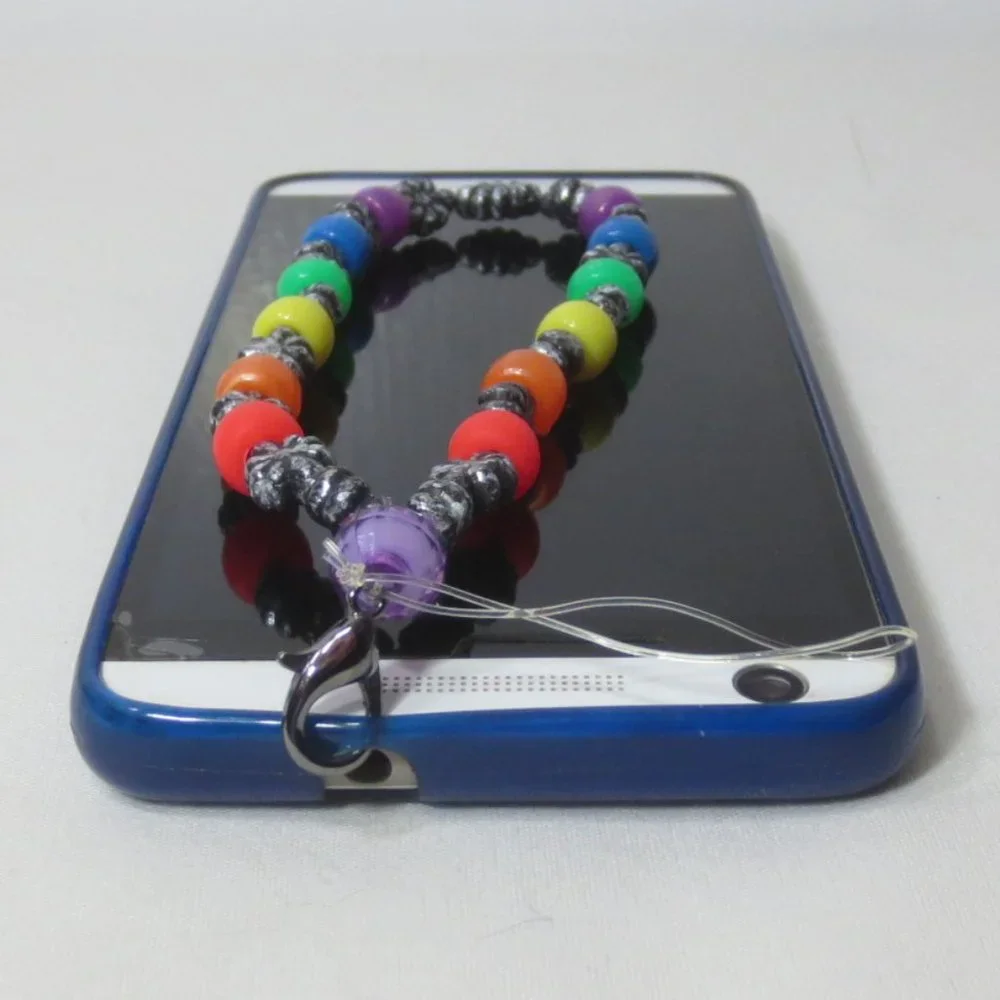 Handmade Stretch Bracelet Rainbow & Silver Beaded Phone Charm Accessory Lanyard